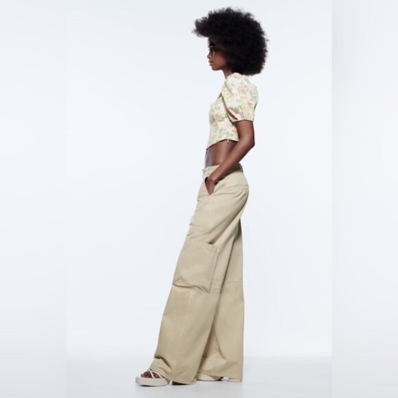 Zara Crop Top Women’s Size Large Floral Puffy Sleeve‎ Smocked Back Corset Point - Picture 8 of 14